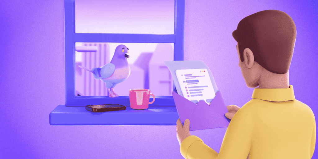 An illustration of a man sending mail via pigeon carrier