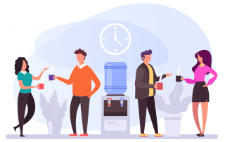 An illustration of co-workers talking in front of a water cooler.