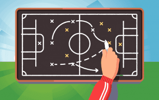 An illustration of a soccer coach's hand drawing a gameplan