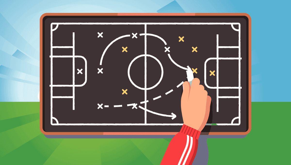 An illustration of a soccer coach's hand drawing a gameplan