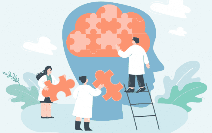 Work of doctors connecting puzzle in head of patient.