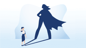 an illustration of a woman looking outward while her shadow wear a cape and stands confidently