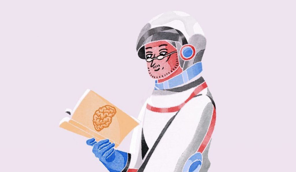 An illustration of an astronaut reading a book with a brain on the cover