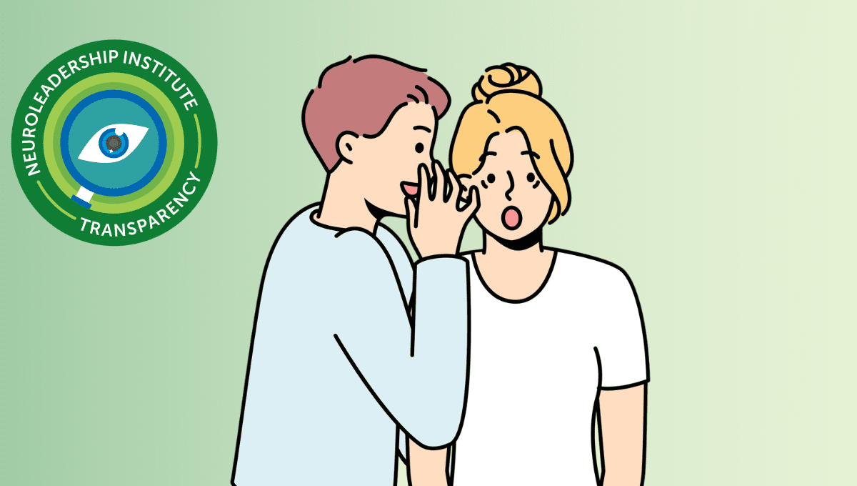 An illustration of a man whispering a secret into a woman's ear, and she reacts shocked