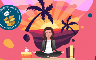 An illustration of a woman meditation with a sunset on the beach in the background
