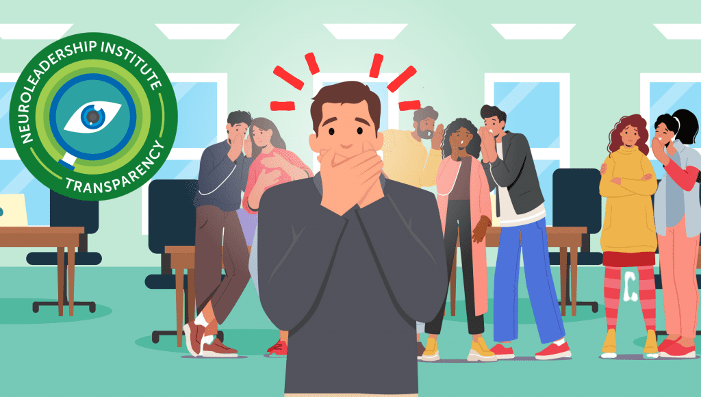 An illustration of a man covering his mouth in shock while employees whisper behind him