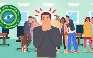 An illustration of a man covering his mouth in shock while employees whisper behind him