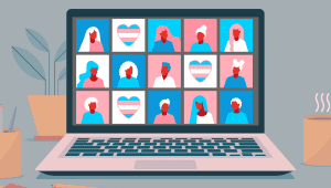 An illustration of a laptop with a grid of people in blue, pink, and white colors