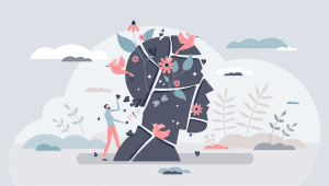 A self-care illustration of a man working on a stone head with flowers blooming from it