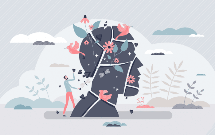 A self-care illustration of a man working on a stone head with flowers blooming from it