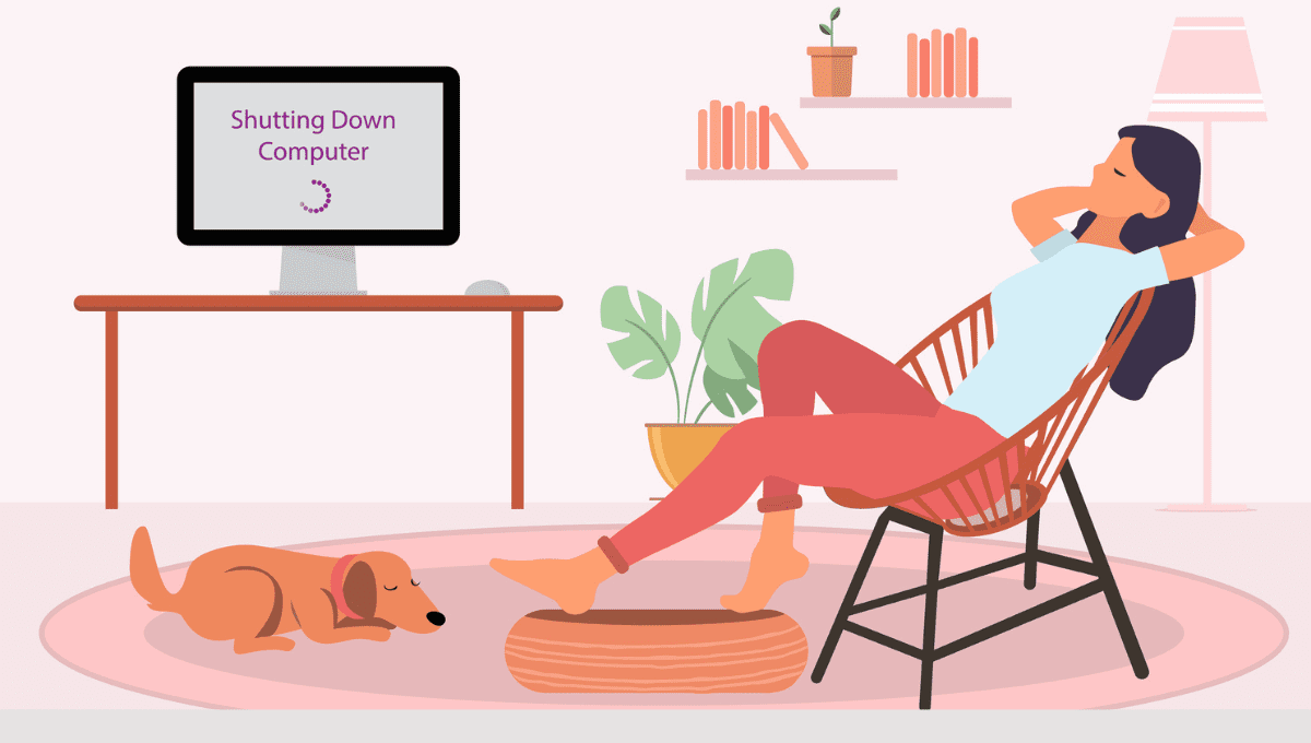 An illustration of a woman relaxing with her dog as her computer shuts down