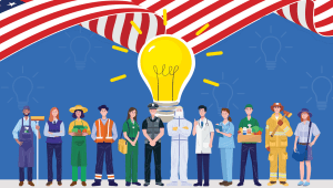 An illustration of public sector workers in front of a lightblub