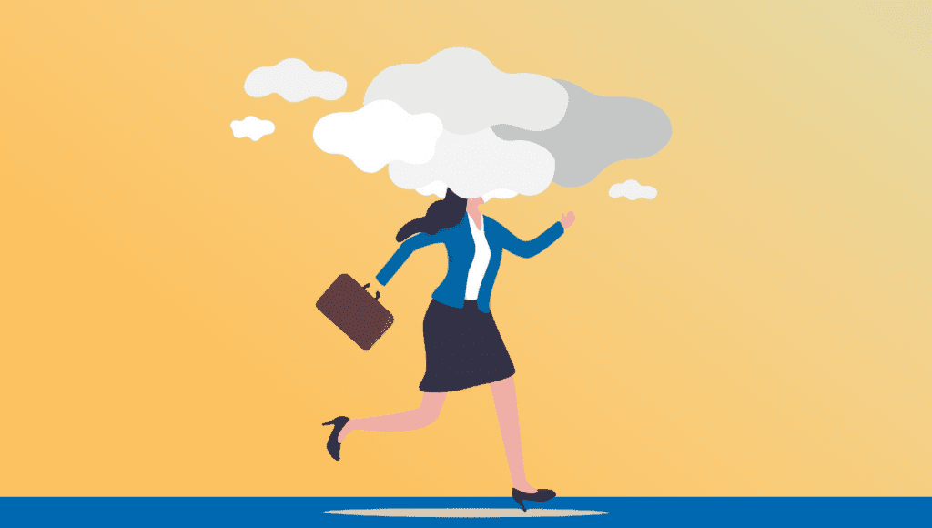 An illustration of a business woman running with her head in clouds