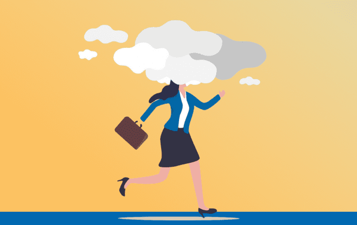 An illustration of a business woman running with her head in clouds