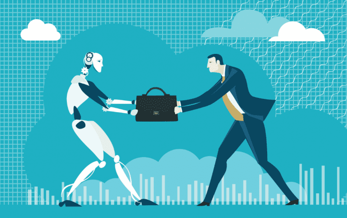 An illustration of a man and AI robot grappling over a suitcase