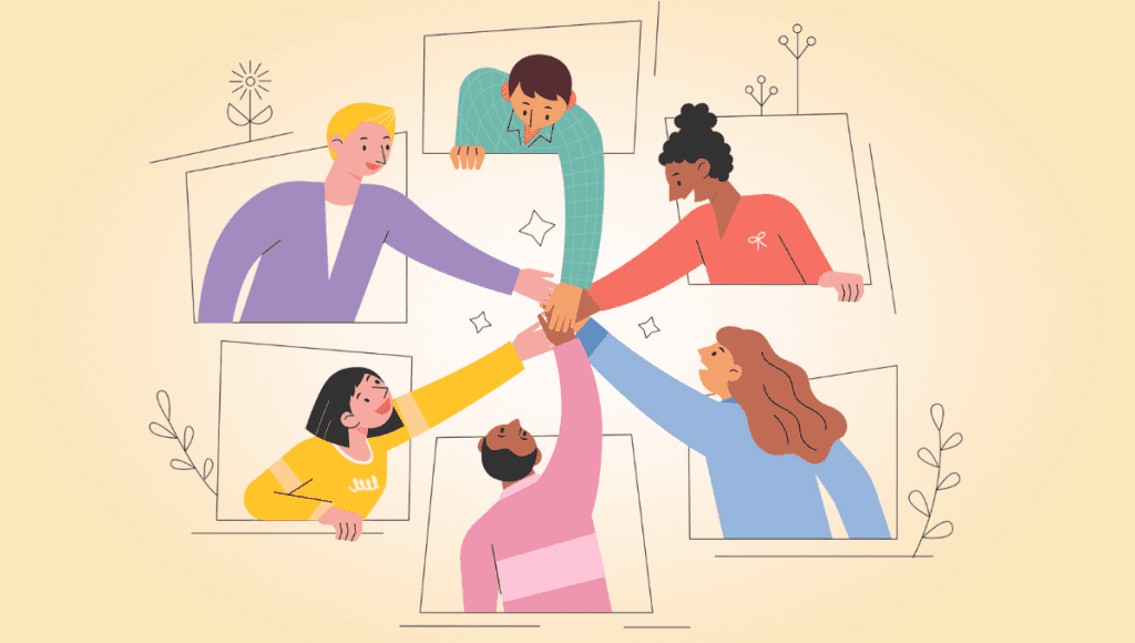 An illustration of a group of diverse employees reaching out from their areas to join hands