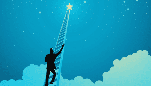 An illustration of a dreaming business man climbing a ladder to reach a star