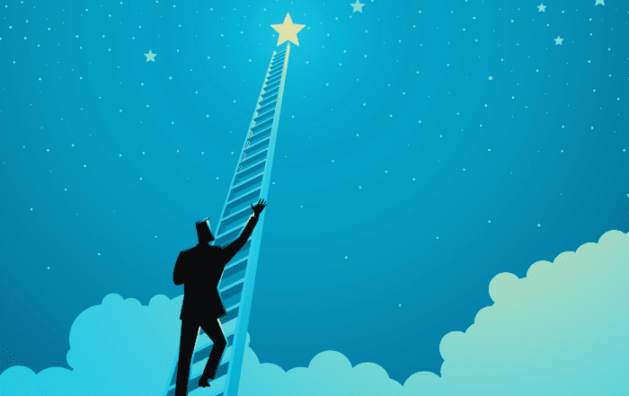 An illustration of a dreaming business man climbing a ladder to reach a star
