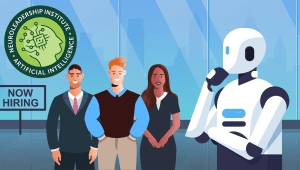 An illustration of an AI robot thinking while making a hiring decision with a diverse group of employees.