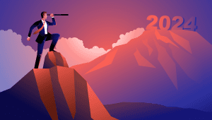 An illustration of a man looking through a telescope at the date 2024 on top of a mountain
