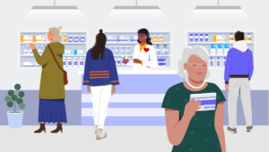 An illustration of people shopping in a pharmacy