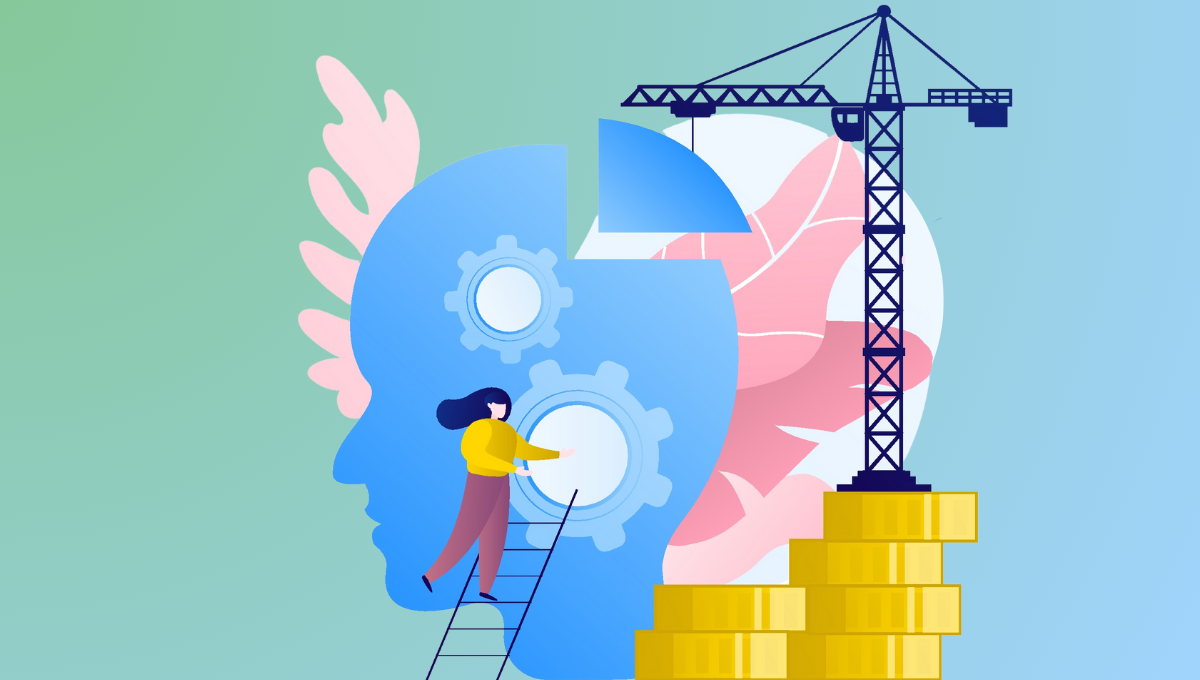 An illustration of a woman architecting a system in a person's head