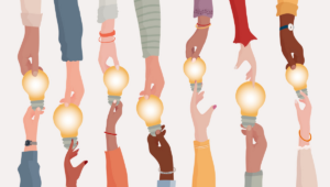 an illustration of groups of people exchanging lightbulbs / ideas
