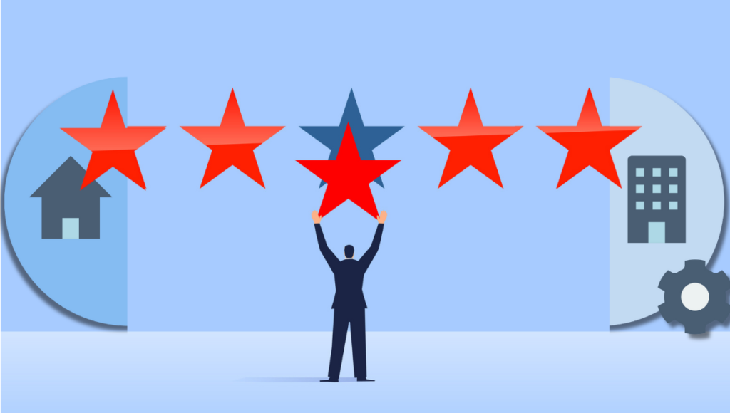 Man holding star rating and feedback.